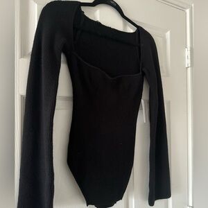 Black Sweetheart neckline ribbed long sleeve top